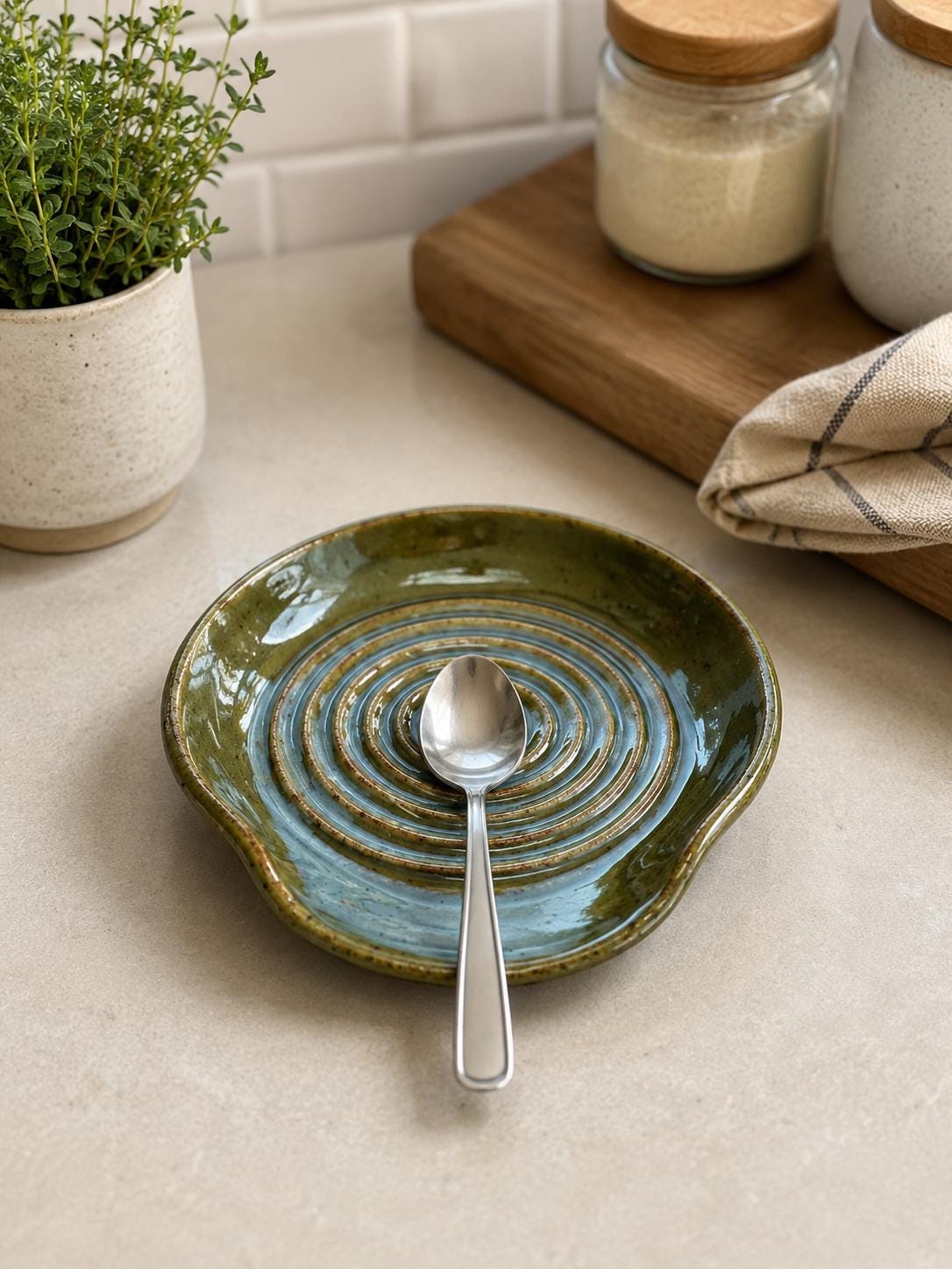 Handmade Ceramic Spoon Rest | Wheel Thrown Stoneware Kitchen Utensil Holder