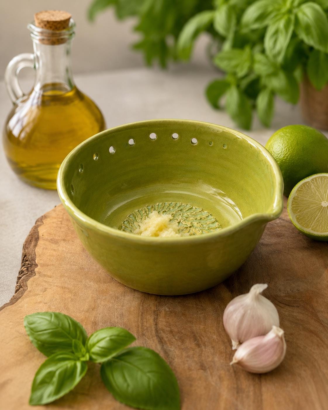 3 in 1 Ceramic Herb Stripper, Garlic & Ginger Grater Bowl | Dressing Bowl olive green